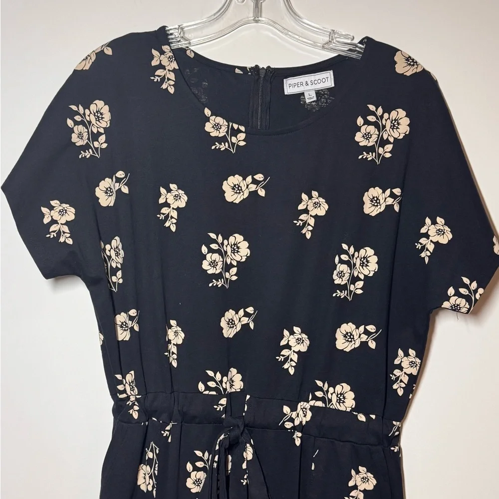 Piper & Scoot Womens Black & Cream Floral Wide Leg Tie Waist Jumpsuit Size Large - Picture 2 of 8